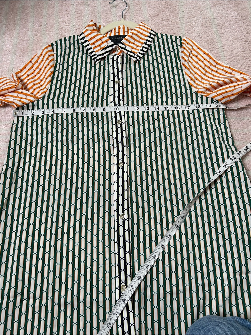 NWT Gracia Green Orange Black Striped Button Up Shirt Dress Size Medium Office - Picture 6 of 12